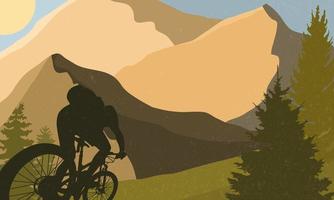 ilustración vectorial de una persona en bicicleta en una montaña. silueta de bicicleta de montaña. paisaje de naturaleza abstracta de dibujos animados plana vector
