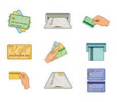 Credit card icon set, cartoon style vector