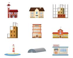 Buildings icon set, cartoon style