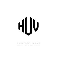 HUV letter logo design with polygon shape. HUV polygon and cube shape logo design. HUV hexagon vector logo template white and black colors. HUV monogram, business and real estate logo.