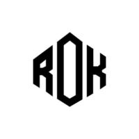 ROK letter logo design with polygon shape. ROK polygon and cube shape logo design. ROK hexagon vector logo template white and black colors. ROK monogram, business and real estate logo.