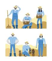 Farmer and gardener in various actions and poses, plants, crops vector