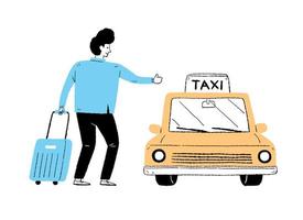 chico turista con equipaje toma el taxi vector