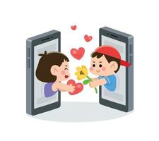 el niño y la niña se dan flores y corazones entre sí mediante citas en línea en el teléfono móvil vector