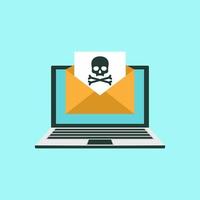 Envelope with skullon the laptop screen. Concept of virus, piracy, hacking and security. White skull with crossbones on black sheet. vector