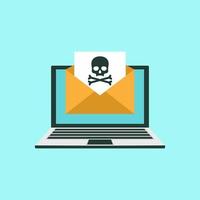 Envelope with skullon the laptop screen. Concept of virus, piracy, hacking and security. White skull with crossbones on black sheet. vector