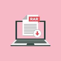 Download RAR icon file with label on laptop screen. Downloading document concept vector