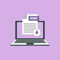 Download PHP icon file with label on laptop screen. Downloading document concept vector