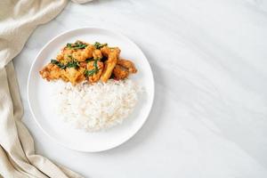 stir-fried fried fish with basil and chili in thai style topped on rice photo