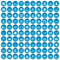 100 summer icons set blue vector