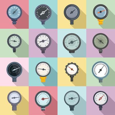 Manometer icons set flat vector. Pressure gauge
