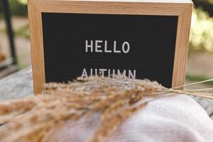 Autumnal Background. Black letter board with text phrase Hello Autumn and dried plant lying on wooden palnks. Top view, flat lay. Thanksgiving banner. Hygge mood cold weather concept photo