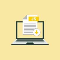 Download JS icon file with label on laptop screen. Downloading document concept vector