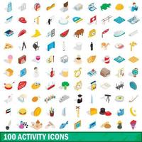 100 activity icons set, isometric 3d style vector