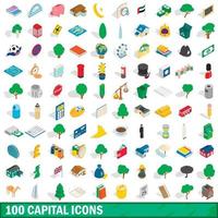100 capital icons set, isometric 3d style vector