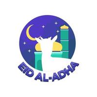 eid adha mubarak para el vector de diseño de tarjeta de etiqueta de evento musulmán con luna de oveja e ilustración de mezquita