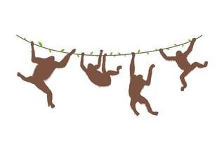 cuatro monos orangután colgando de las vides de la rama de un árbol ilustración de silueta vectorial plana vector