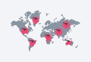 propagación de la transmisión de malaria en el fondo de ilustración de vector de póster mundial con mosquito y mapa mundial