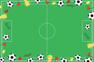 Vector - Top view of stadium for soccer or football. Ball, trophy, yellow and red card, goal. Sport, recreation concept.