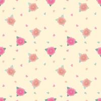 Vector - Abstract seamless pattern of pink rose, green leaves and min hearts on light yellow background. Can be use for print, paper, pillow, fabric, wrapping.