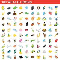 100 wealth icons set, isometric 3d style vector