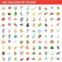 100 holidays icons set, isometric 3d style vector