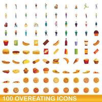 100 comer en exceso, conjunto de iconos de estilo de dibujos animados vector