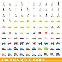 100 transport icons set, cartoon style vector