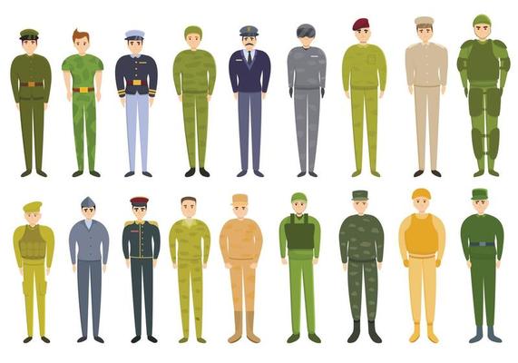 Military uniform icons set, cartoon style