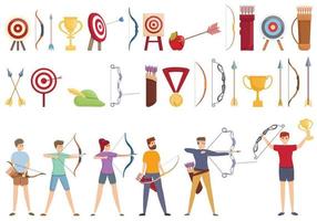 Archery competition icons set, cartoon style vector