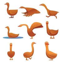 Goose icons set, cartoon style vector