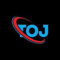 logotipo de toj. carta toj. diseño del logotipo de la letra toj. logotipo de iniciales toj vinculado con círculo y logotipo de monograma en mayúsculas. tipografía toj para tecnología, negocios y marca inmobiliaria. vector