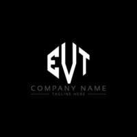 EVT letter logo design with polygon shape. EVT polygon and cube shape logo design. EVT hexagon vector logo template white and black colors. EVT monogram, business and real estate logo.