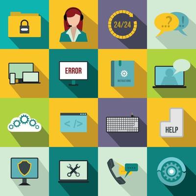 Support, call center icons set, flat style