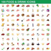 100 food and drink icons set, cartoon style vector