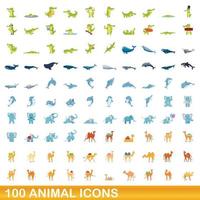 100 animales, conjunto de iconos de estilo de dibujos animados vector