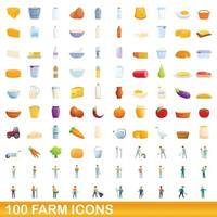100 farm icons set, cartoon style vector