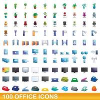 100 office icons set, cartoon style vector