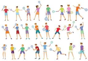 Kids playing tennis icons set, cartoon style vector