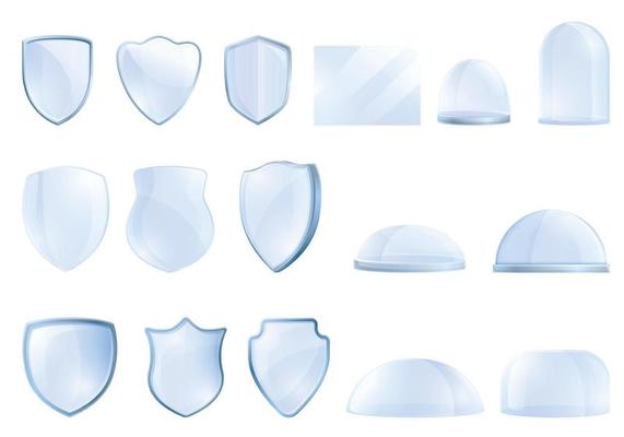 Protective glass icons set, cartoon style