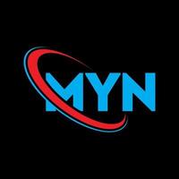 logotipo de myn. carta mía. diseño del logotipo de la letra myn. logotipo de las iniciales myn vinculado con el círculo y el logotipo del monograma en mayúsculas. tipografía myn para tecnología, negocios y marca inmobiliaria. vector