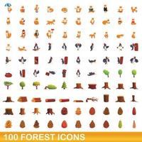 100 iconos de bosque, estilo de dibujos animados vector