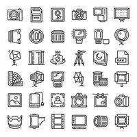 Photographer equipment icons set, outline style vector