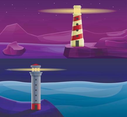 Lighthouse coast banner set, cartoon style