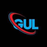 logotipo de gul. letra gul. diseño del logotipo de la letra gul. logotipo de iniciales gul vinculado con círculo y logotipo de monograma en mayúsculas. tipografía gul para tecnología, negocios y marca inmobiliaria. vector