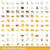 100 farm icons set, cartoon style vector