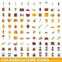 100 agricultura, conjunto de iconos de estilo de dibujos animados vector