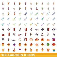 100 iconos de jardín, estilo de dibujos animados vector