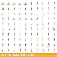 100 mujer, conjunto de iconos de estilo de dibujos animados vector