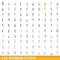 100 woman icons set, cartoon style vector